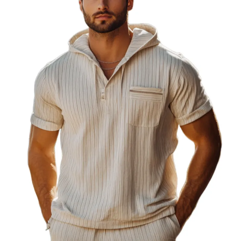 Men's Classic Casual Loose V-Neck Striped Hooded Cotton T-Shirt 58159084K sold by Manly