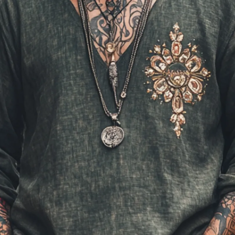 Men's Vintage Casual V-Neck Cotton Blend Embroidered Long Sleeve T-Shirt 12634858F sold by Manly product image thumbnail 3