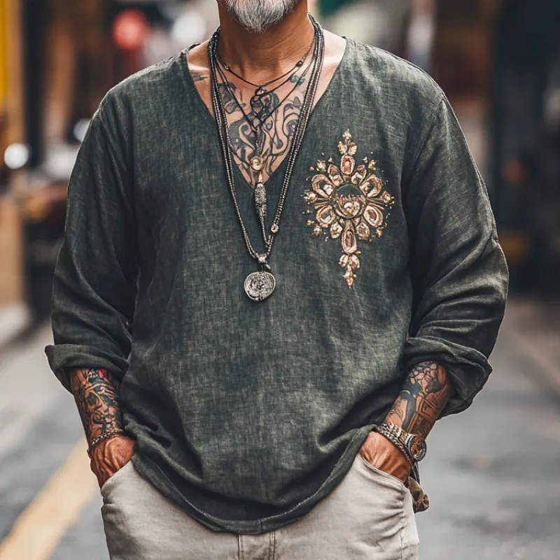 Men's Vintage Casual V-Neck Cotton Blend Embroidered Long Sleeve T-Shirt 12634858F sold by Manly product image thumbnail 2