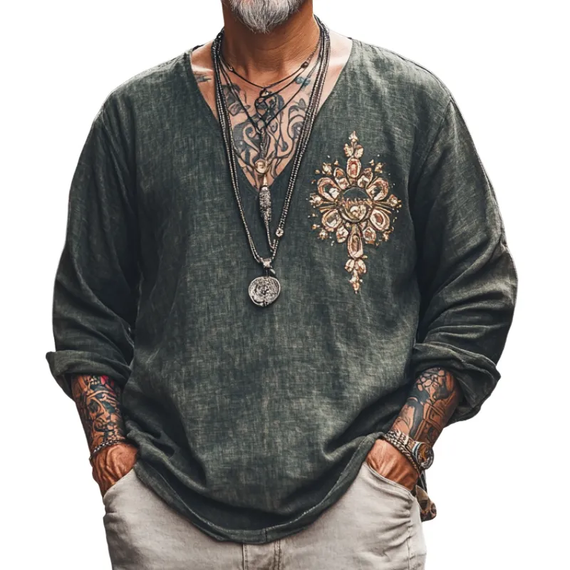 Men's Vintage Casual V-Neck Cotton Blend Embroidered Long Sleeve T-Shirt 12634858F sold by Manly