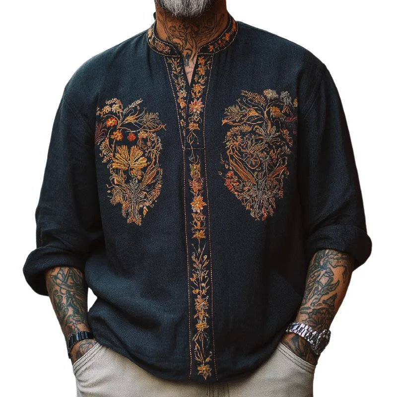 Men's Vintage Casual V-Neck Cotton Blend Embroidered Long Sleeve T-Shirt 35915463F sold by Manly