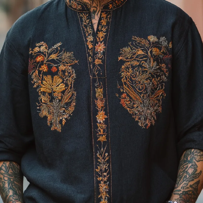 Men's Vintage Casual V-Neck Cotton Blend Embroidered Long Sleeve T-Shirt 35915463F sold by Manly product image thumbnail 3