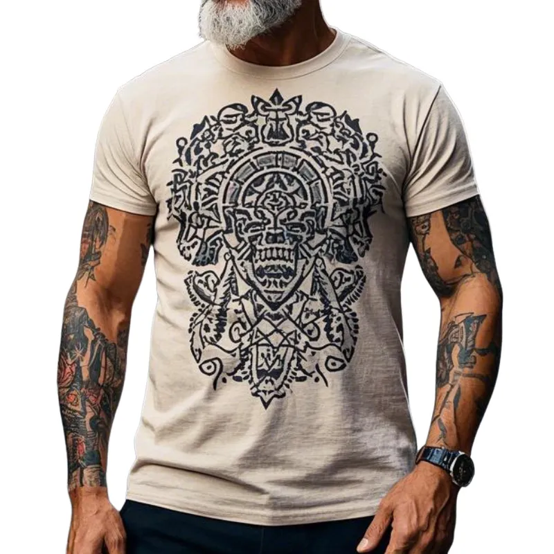 Men's Vintage Casual Round Neck Cotton Blend Short-sleeved T-shirt 06373864F sold by Manly