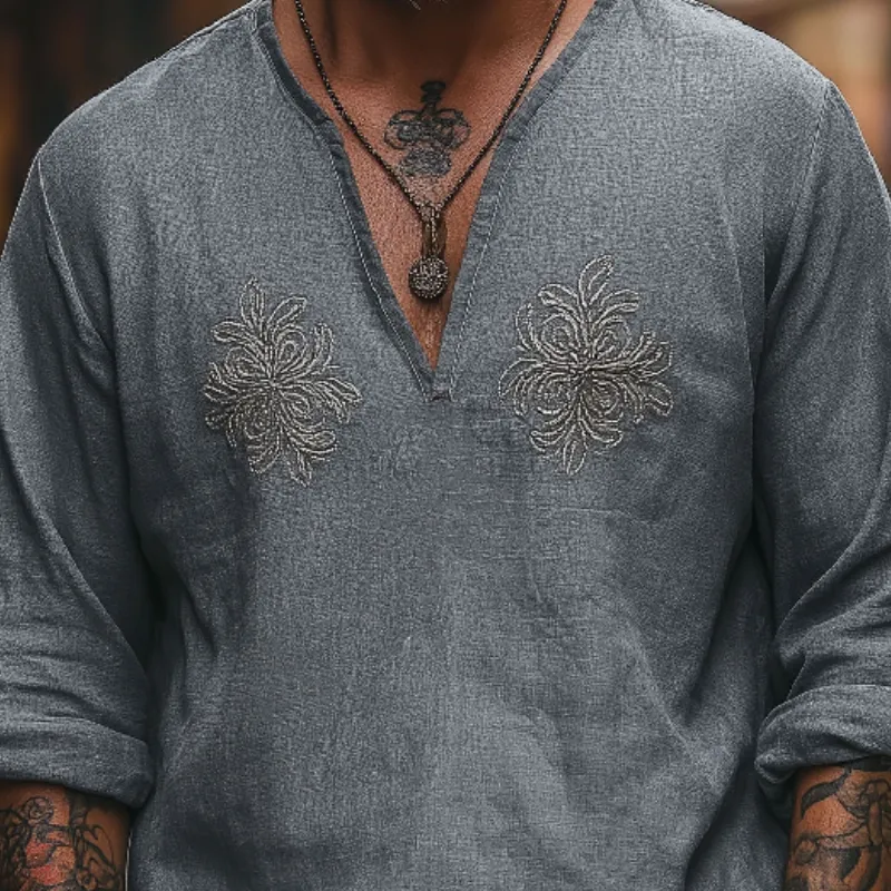 Men's Vintage Casual V-Neck Cotton Blend Embroidered Long Sleeve T-Shirt 78834953F sold by Manly product image thumbnail 3