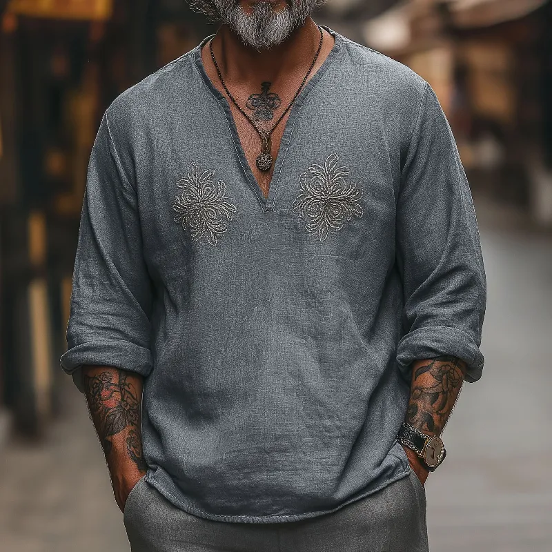 Men's Vintage Casual V-Neck Cotton Blend Embroidered Long Sleeve T-Shirt 78834953F sold by Manly product image thumbnail 2