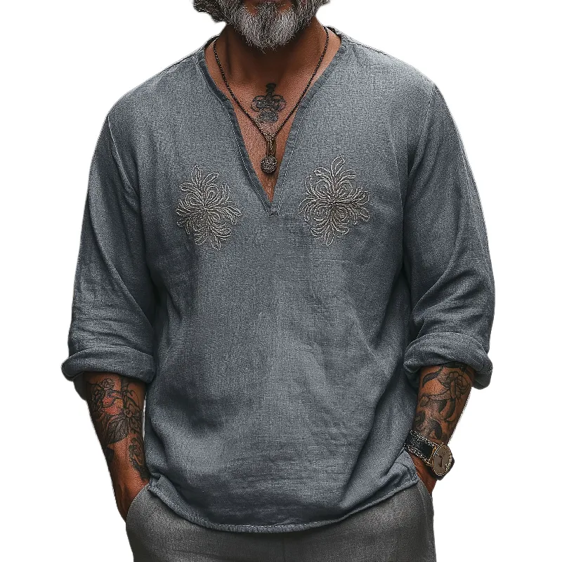 Men's Vintage Casual V-Neck Cotton Blend Embroidered Long Sleeve T-Shirt 78834953F sold by Manly