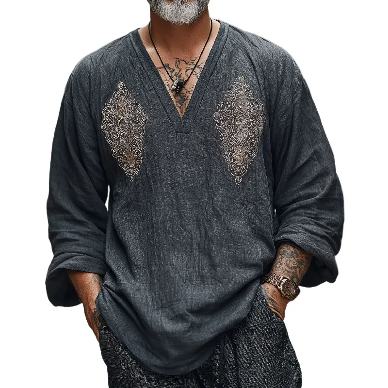 Men's Vintage Casual V-Neck Cotton Blend Embroidered Long Sleeve T-Shirt 46256036F sold by Manly
