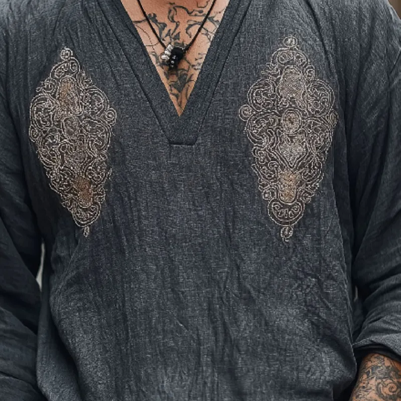 Men's Vintage Casual V-Neck Cotton Blend Embroidered Long Sleeve T-Shirt 46256036F sold by Manly product image thumbnail 3