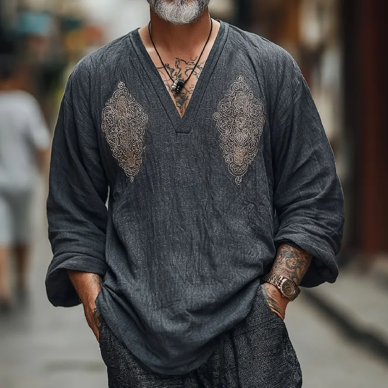 Men's Vintage Casual V-Neck Cotton Blend Embroidered Long Sleeve T-Shirt 46256036F sold by Manly product image thumbnail 2