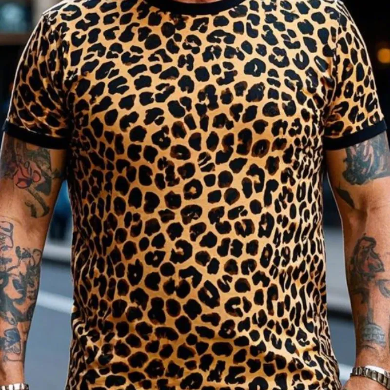 Men's Vintage Casual Round Neck Cotton Blend Leopard Print Short Sleeve T-Shirt 81227236F sold by Manly product image thumbnail 3