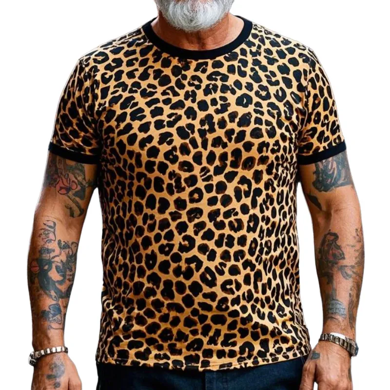 Men's Vintage Casual Round Neck Cotton Blend Leopard Print Short Sleeve T-Shirt 81227236F sold by Manly