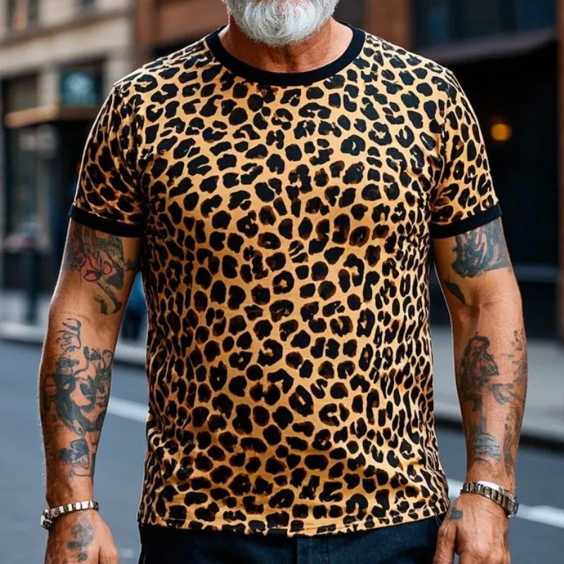 Men's Vintage Casual Round Neck Cotton Blend Leopard Print Short Sleeve T-Shirt 81227236F sold by Manly product image thumbnail 2