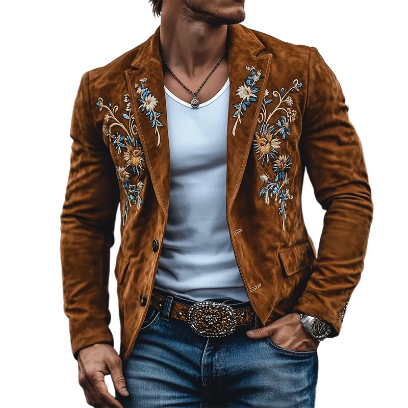 Men's Classic Casual Western Style Slim Fit Embroidered Suede Blazer 13167969K sold by Manly