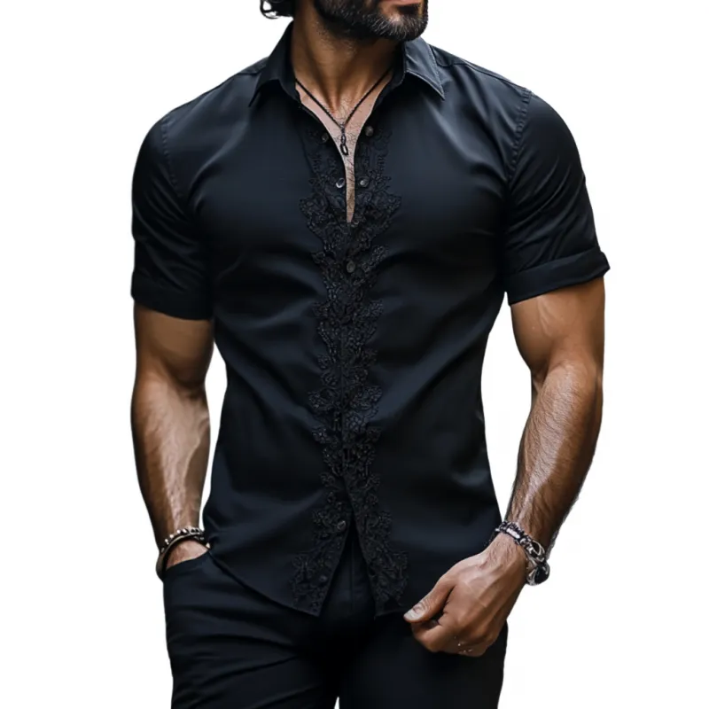 Men's Casual Cotton Lace Trip Patchwork Lapel Slim Short Sleeve Shirt 68007910M sold by Manly