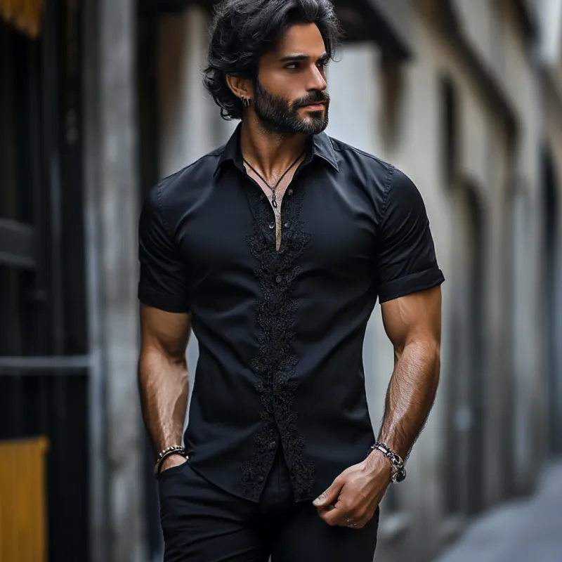 Men's Casual Cotton Lace Trip Patchwork Lapel Slim Short Sleeve Shirt 68007910M sold by Manly product image thumbnail 3