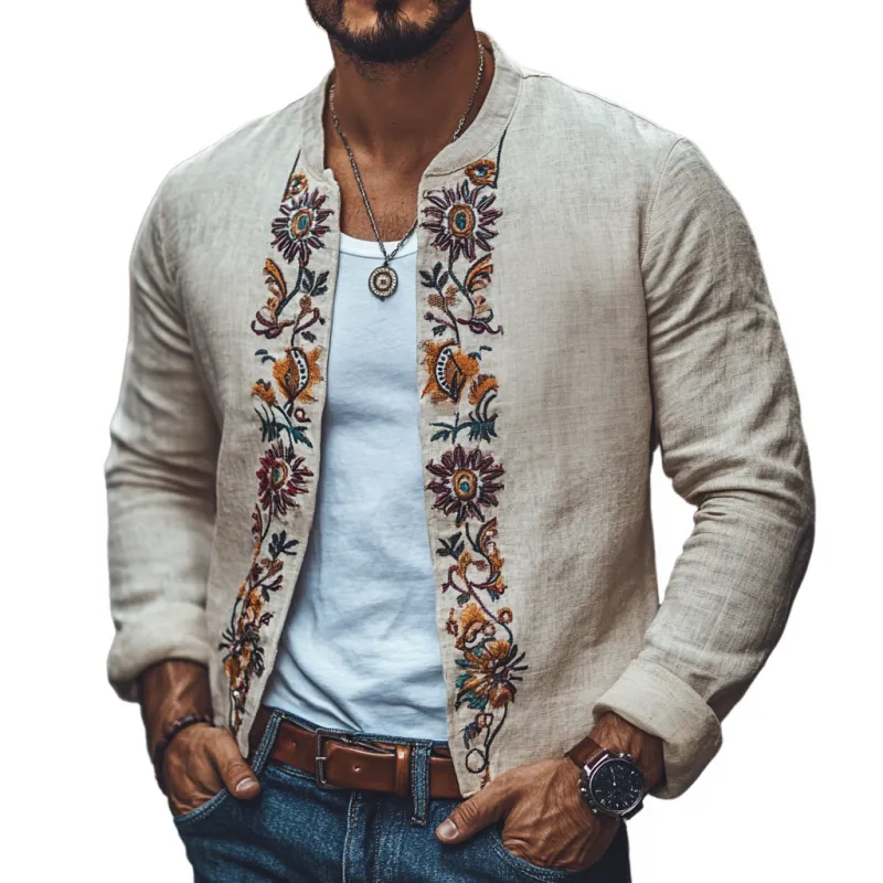 Men's Casual Linen Stand Collar Embroidered Loose Cardigan 09634531M sold by Manly