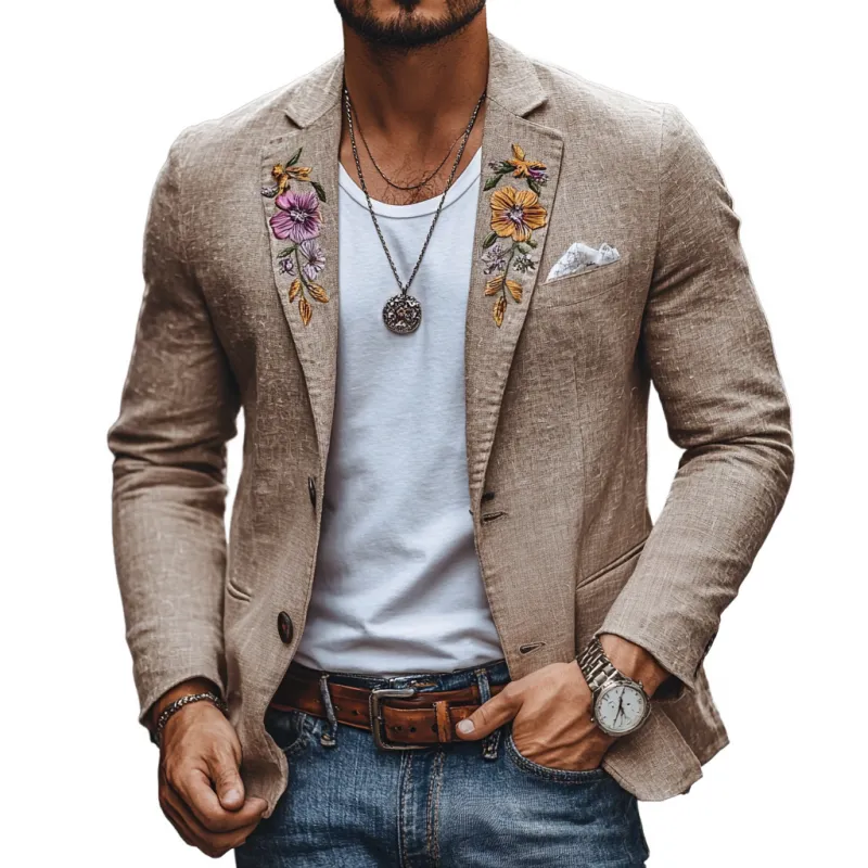 Men's Casual Linen Notch Lapel Embroidered Slim-fit Blazer 95712127M sold by Manly