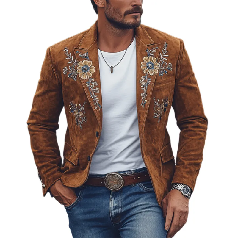 Men's Classic Vintage  Western Style Slim Fit Embroidered Suede Blazer 58021558K sold by Manly