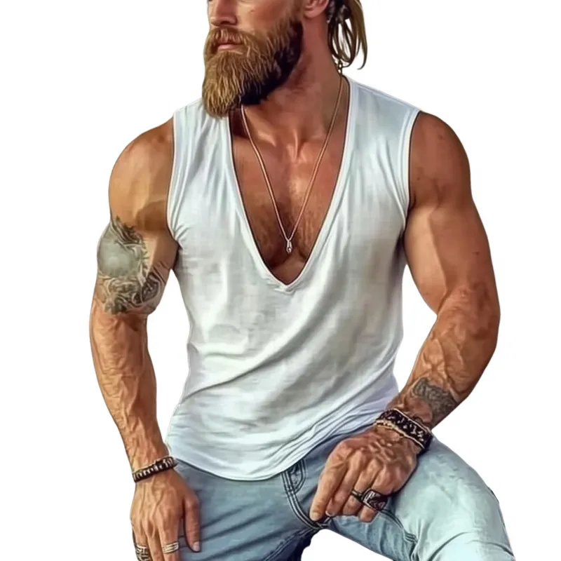 Men's Casual Cotton Deep V Neck Slim Tank Top 26441404M sold by Manly