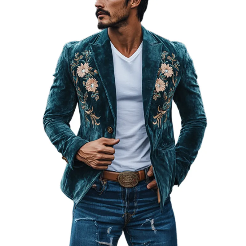 Men's Vintage Classic Casual Fit Western Style Embroidered Suede Blazer 11054947K sold by Manly