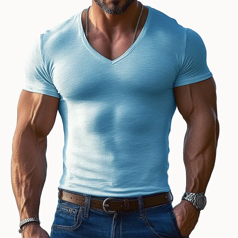 【24-hour shipping out】Men's Solid Color V-neck Short-sleeved T-shirt 97583947X sold by Manly