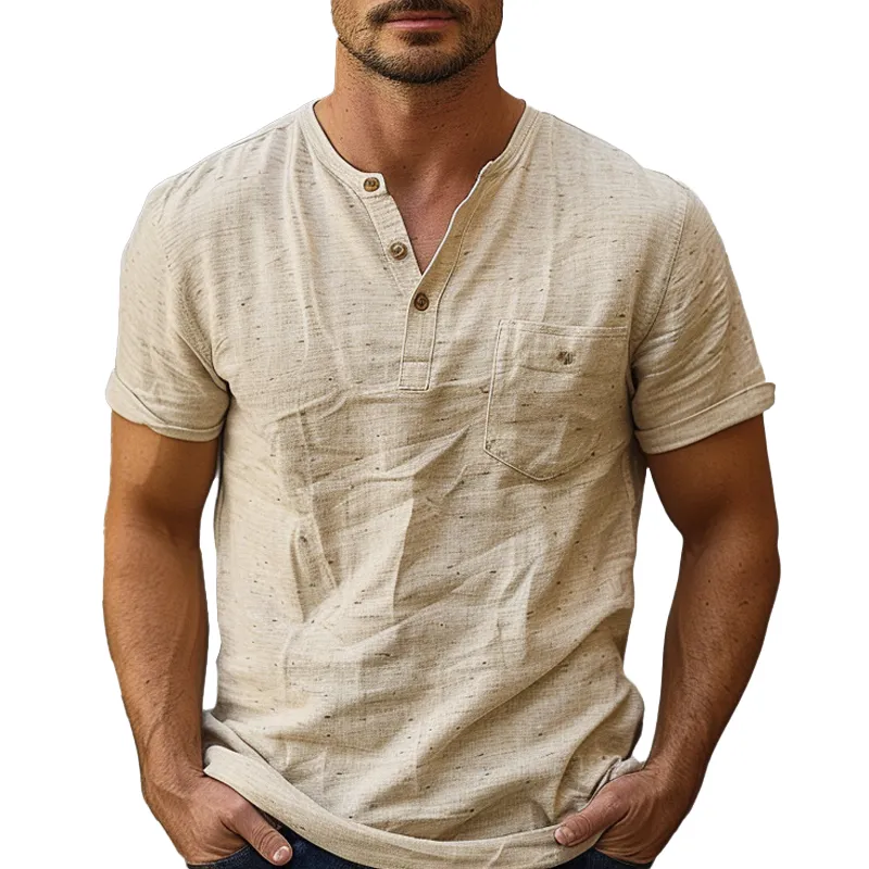 Men's Cotton and Linen Short-sleeved Round Neck Shirt 62222473X sold by Manly