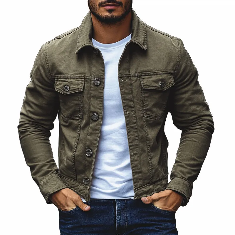 Men's Solid Lapel Washed Denim Jacket 26761066X sold by Manly