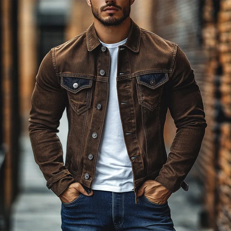 Men's Solid Color Vintage Washed Patchwork Denim Jacket 51829543X sold by Manly product image thumbnail 2