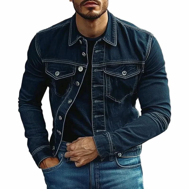Men's Solid Color Lapel Single Breasted Denim Jacket 75005902X sold by Manly