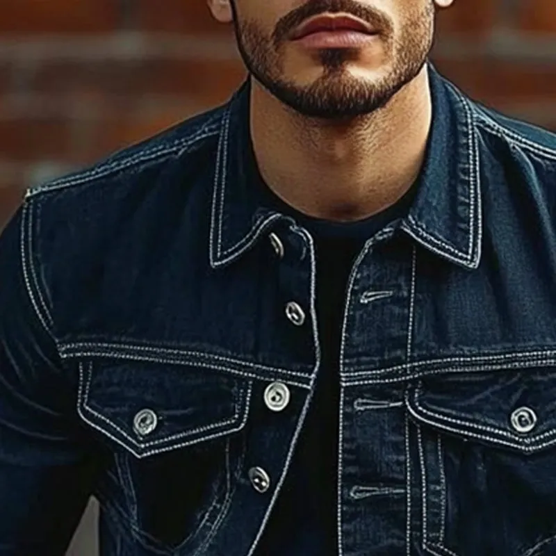 Men's Solid Color Lapel Single Breasted Denim Jacket 75005902X sold by Manly product image thumbnail 3