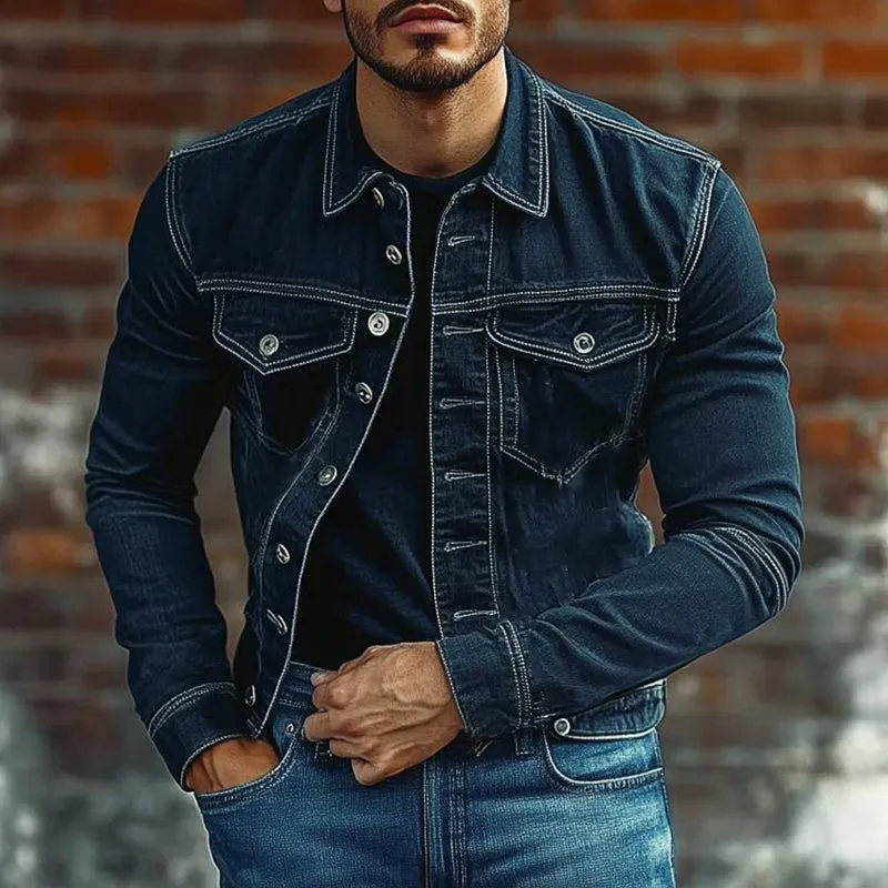Men's Solid Color Lapel Single Breasted Denim Jacket 75005902X sold by Manly product image thumbnail 2
