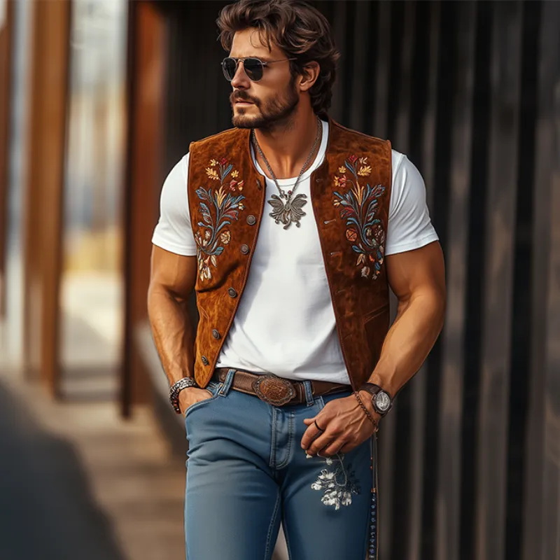 Men's Classic Retro Western Cowboy Style Embroidered Casual Suede Vest 17190584K sold by Manly product image thumbnail 2