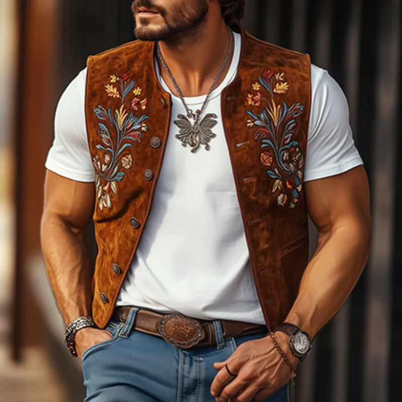 Men's Classic Retro Western Cowboy Style Embroidered Casual Suede Vest 17190584K sold by Manly product image thumbnail 3