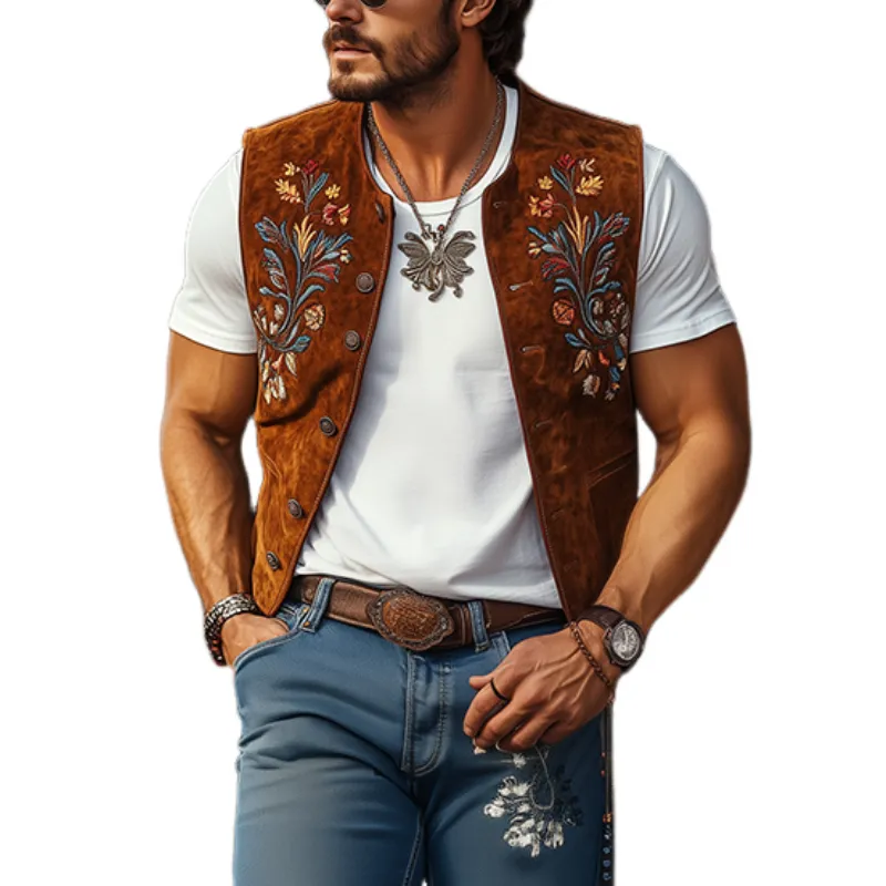 Men's Classic Retro Western Cowboy Style Embroidered Casual Suede Vest 17190584K sold by Manly