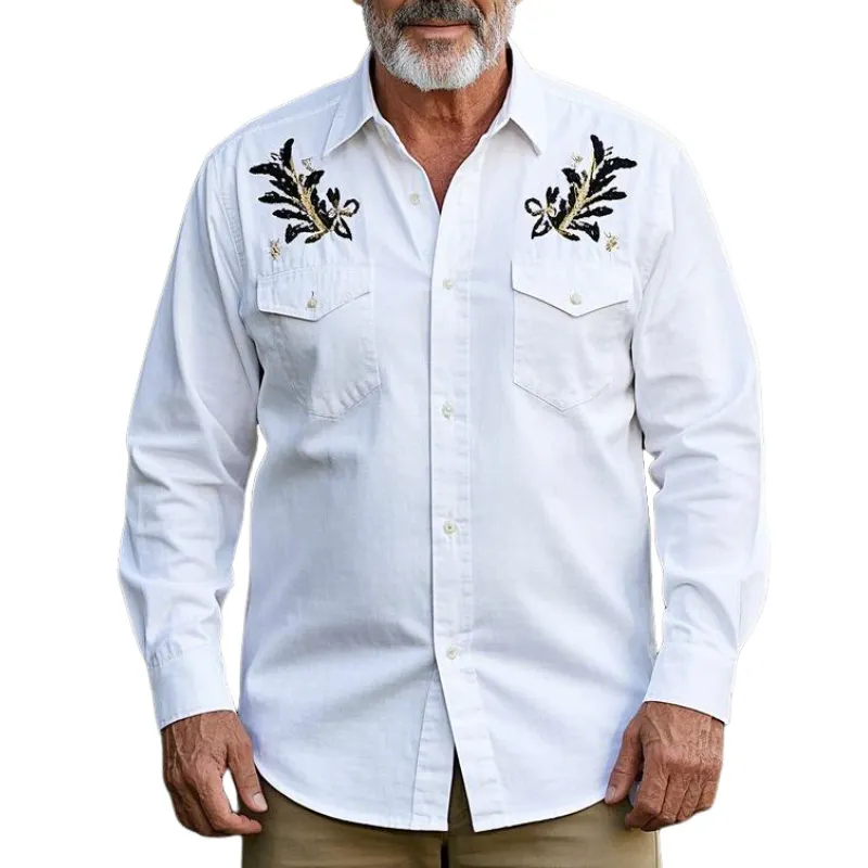 Men's Vintage Classic Lapel Cotton Blend Embroidered Long Sleeve Shirt 57521045F sold by Manly