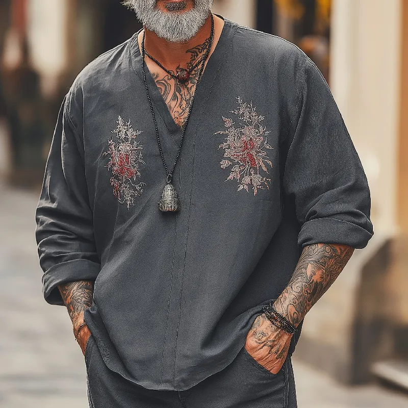 Men's Vintage Casual V-Neck Cotton Blend Embroidered Long Sleeve T-Shirt 55238146F sold by Manly product image thumbnail 2