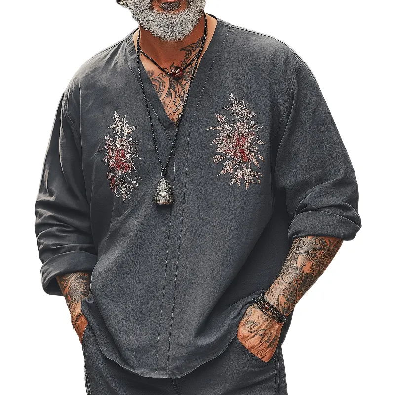 Men's Vintage Casual V-Neck Cotton Blend Embroidered Long Sleeve T-Shirt 55238146F sold by Manly