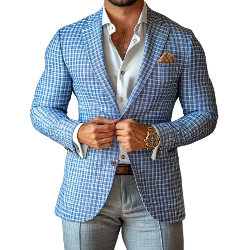 【24-hour shipping out】Men's Fashion Spring Summer Checked Notch Lapel Two Buttons Blazer 49679215Z sold by Manly