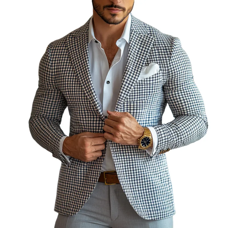 Men's Fashion Spring Summer Checked Notch Lapel Two Buttons Blazer 30859656Z sold by Manly