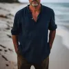 Men's Solid Color Cotton And Linen Henley Collar Long Sleeve Shirt 41418757Z sold by Manly