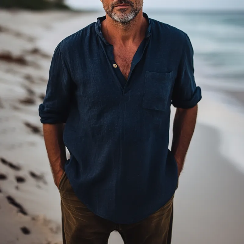 Men's Solid Color Cotton And Linen Henley Collar Long Sleeve Shirt 41418757Z sold by Manly product image thumbnail 2