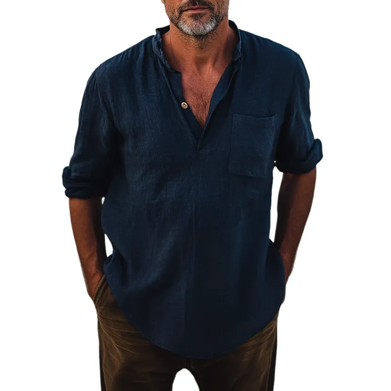 Men's Solid Color Cotton And Linen Henley Collar Long Sleeve Shirt 41418757Z sold by Manly