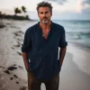 Men's Solid Color Cotton And Linen Henley Collar Long Sleeve Shirt 41418757Z sold by Manly