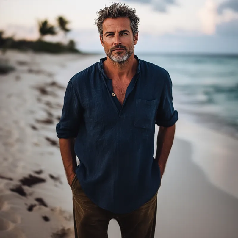 Men's Solid Color Cotton And Linen Henley Collar Long Sleeve Shirt 41418757Z sold by Manly product image thumbnail 3