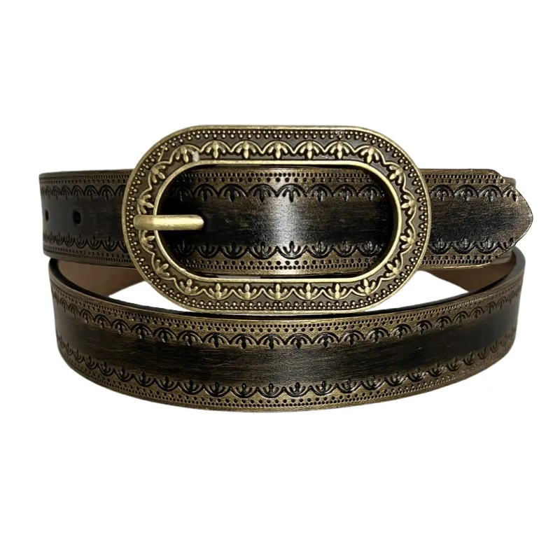 Men's Vintage Distressed Engraved Embossed Genuine Leather Belt 44748904U sold by Manly