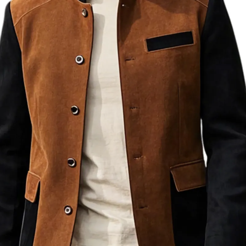 Men's Casual Suede Contrast Patchwork Stand Collar Single Breasted Blazer 28308985F sold by Manly product image thumbnail 2
