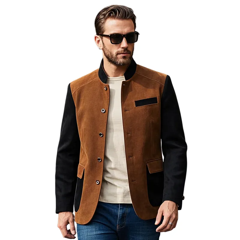 Men's Casual Suede Contrast Patchwork Stand Collar Single Breasted Blazer 28308985F sold by Manly product image thumbnail 3
