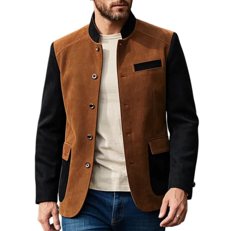 Men's Casual Suede Contrast Patchwork Stand Collar Single Breasted Blazer 28308985F sold by Manly