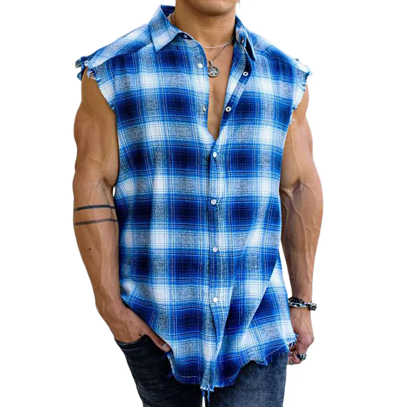 Men's Retro Casual Plaid Lapel Sleeveless Shirt 12475343TO sold by Manly