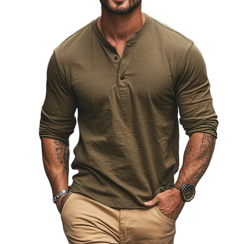 Men's Vintage Casual Pocket Henley Neck Long Sleeve T-Shirt 37403472TO sold by Manly